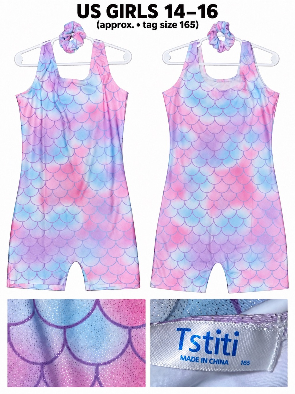 Girls' Pink & Blue Mermaid-Scale One-Piece Romper with Scrunchie